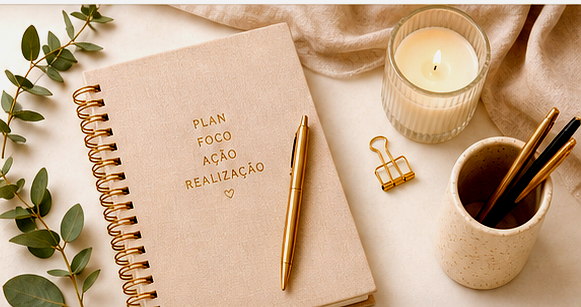 Planner com flores, vela e papelaria