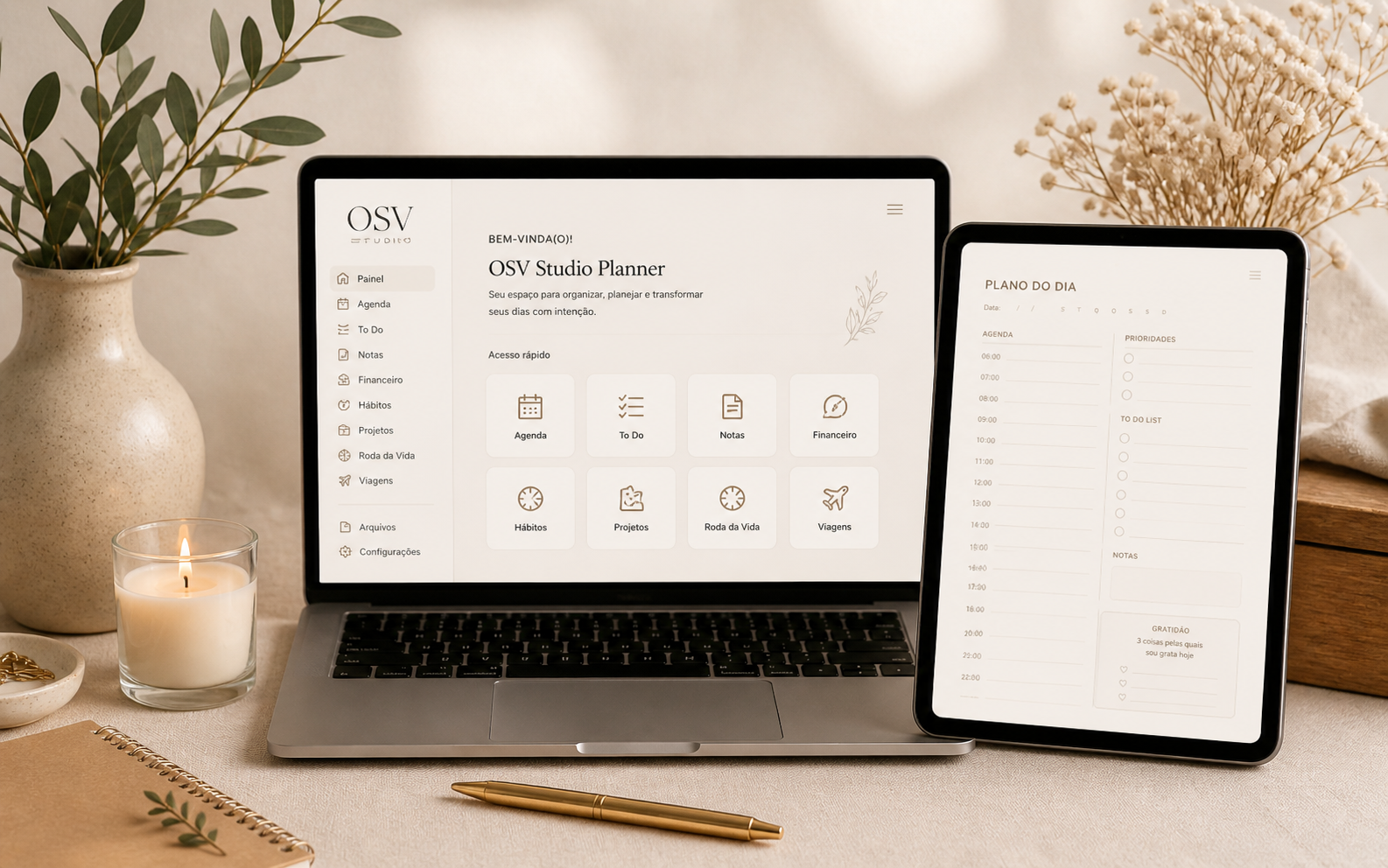 OSV Studio Planner Digital em laptop e iPad