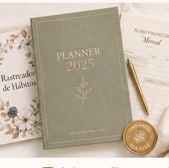 Planner OSV sobre tecido linho com flores secas e detalhes dourados