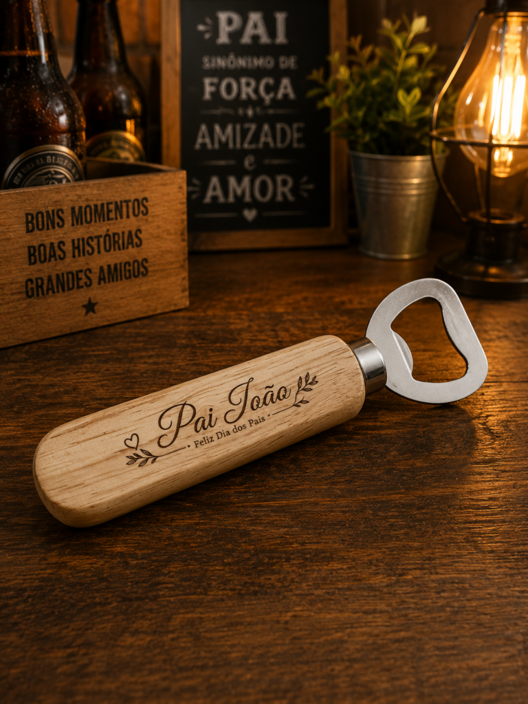 Abridor de garrafas personalizado com cabo de madeira gravado a laser