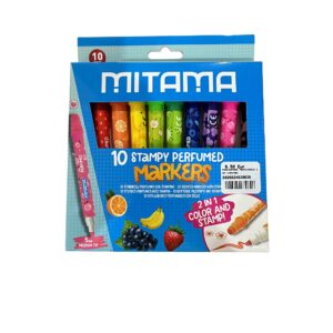 Marcadores Perfumados Mitama Stampy com 10 cores e carimbo para escola e papelaria criativa