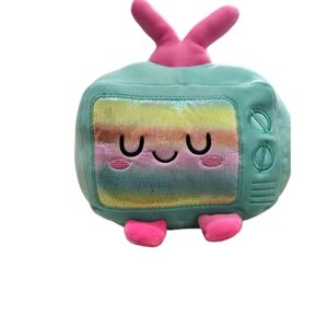 Peluche TNT em formato de TV verde água com detalhes rosa para presente infantil