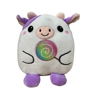 Peluche de vaquinha branca e lilás com pirulito arco-íris para presente infantil