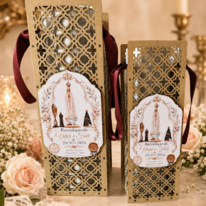 Duas caixas personalizadas em MDF para garrafa de vinho, nos tamanhos grande e pequeno, com renda vazada, etiqueta com nomes e data e fita bordô — lembrança de casamento feita pela Organize Sua Vida em Carregal do Sal