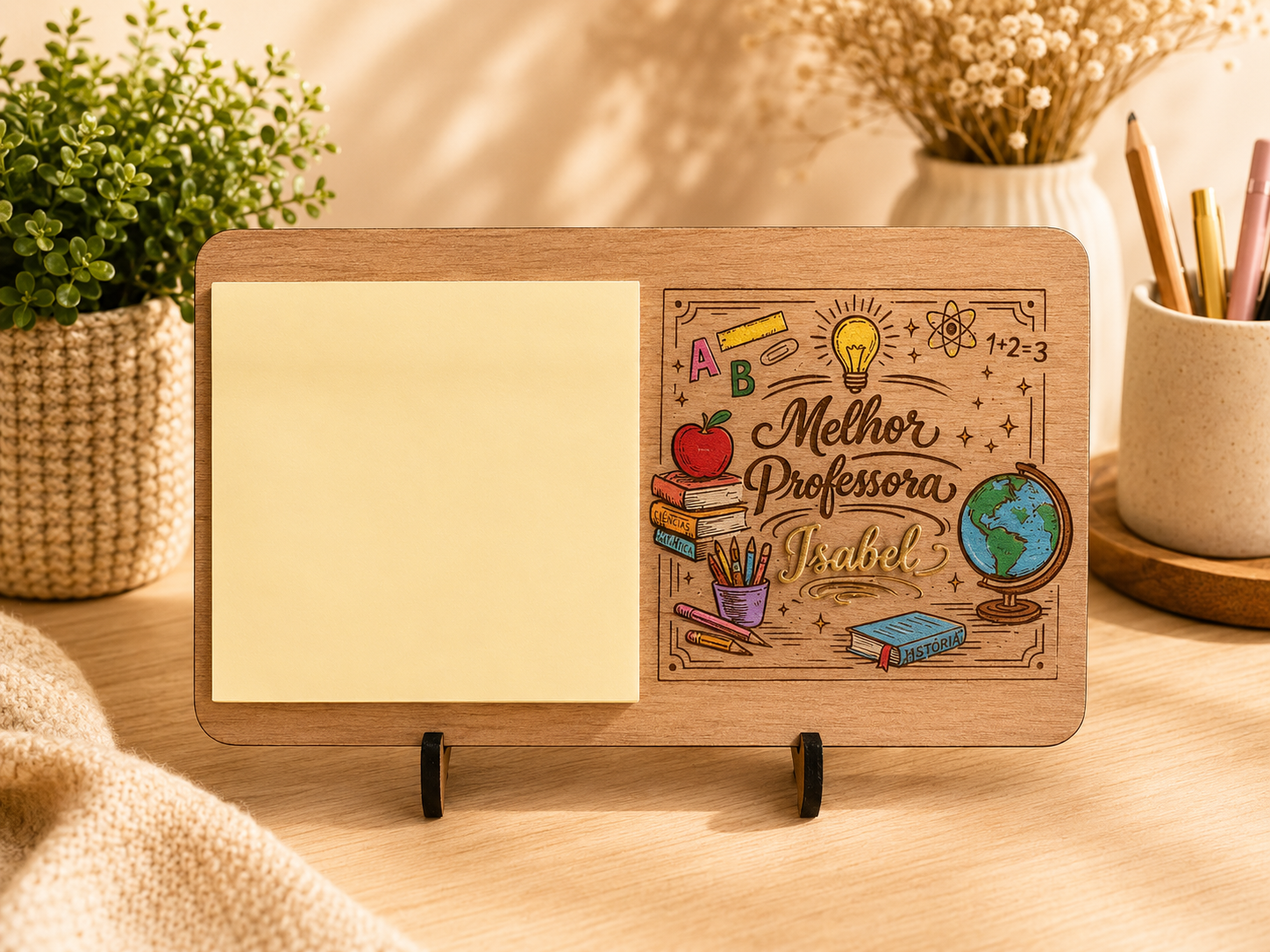 Porta-recados personalizado para professora em MDF com bloco de notas