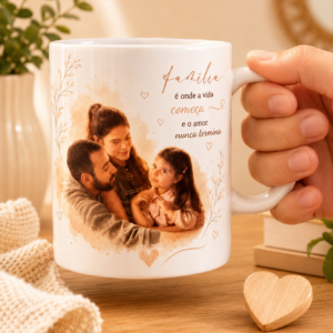 Caneca personalizada com foto de família e frase afetiva