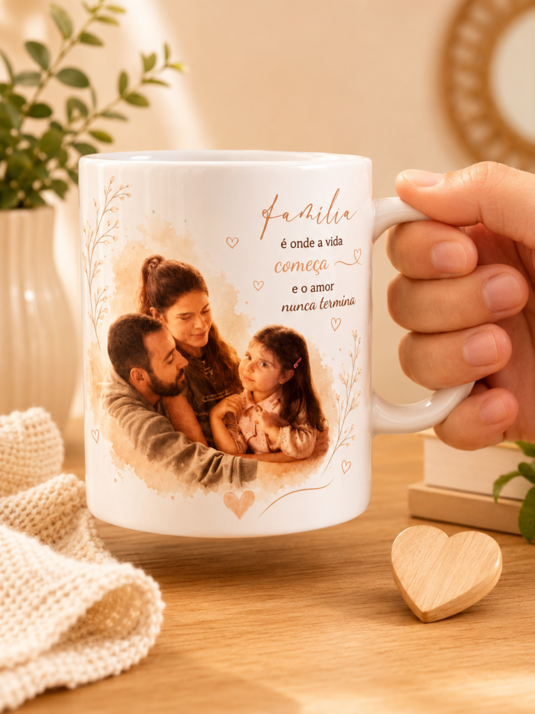 Caneca personalizada com foto de família e frase afetiva