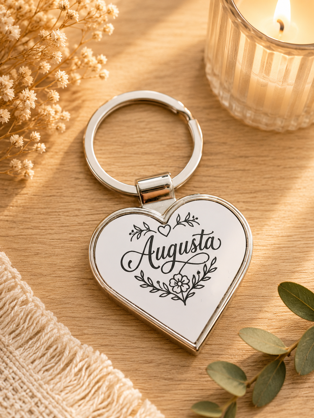 Chaveiro personalizado em formato de coração com o nome Augusta