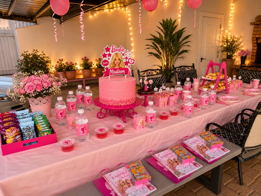 Mesa de festa personalizada com topo de bolo, rótulos, copos e guardanapos com o nome da criança, feita pela Organize Sua Vida em Carregal do Sal