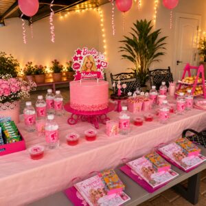 Mesa de festa personalizada com topo de bolo, rótulos, copos e guardanapos com o nome da criança, feita pela Organize Sua Vida em Carregal do Sal