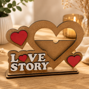 Porta-retrato Love Story em MDF com corações vermelhos