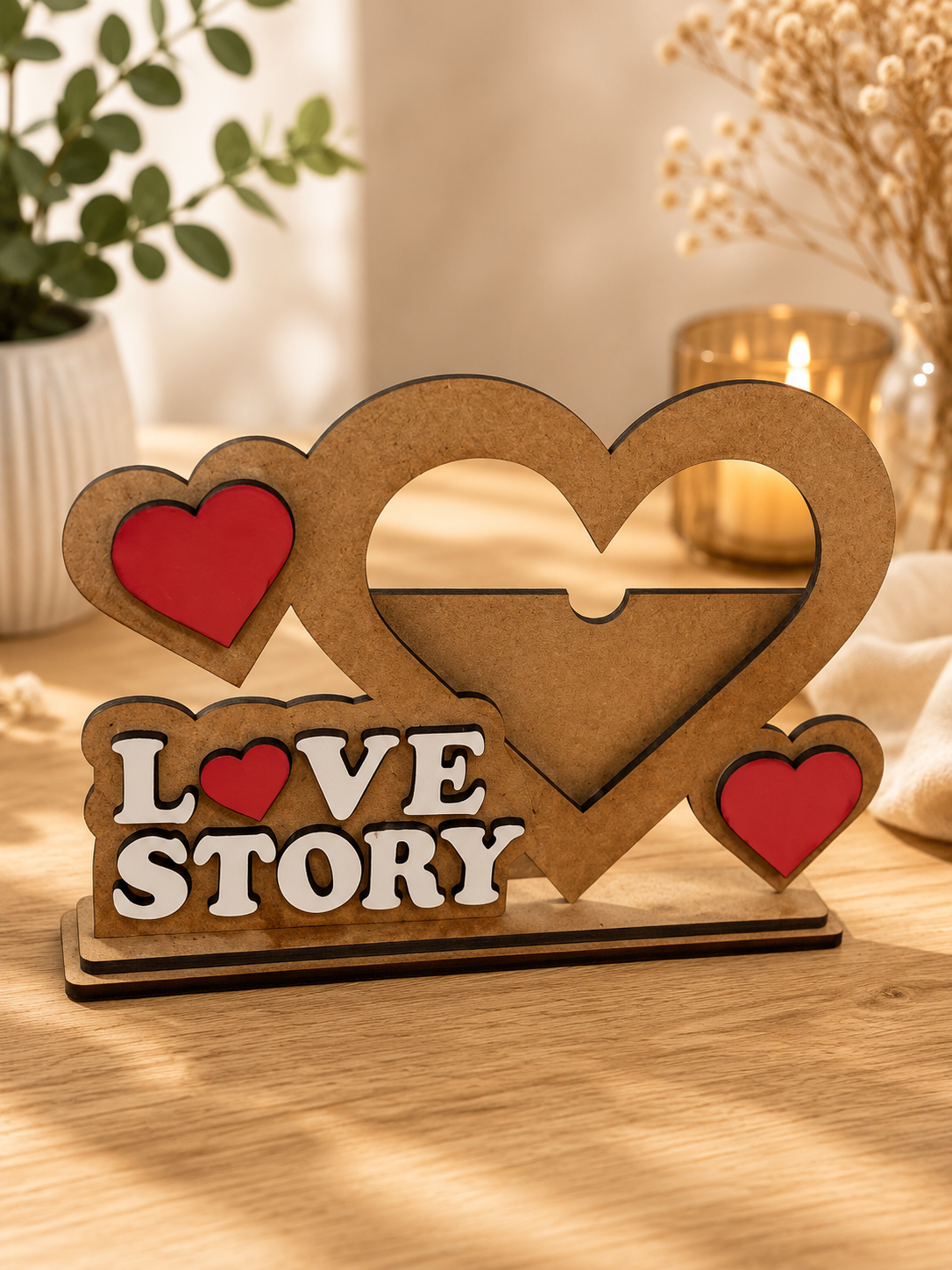 Porta-retrato Love Story em MDF com corações vermelhos
