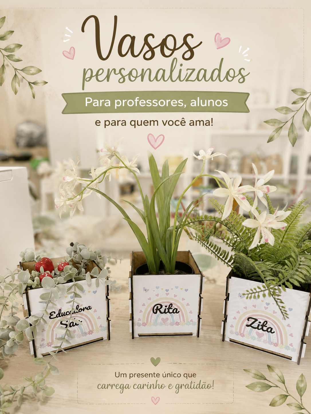 Vasos decorativos personalizados para professores, alunos e família com gravação a laser