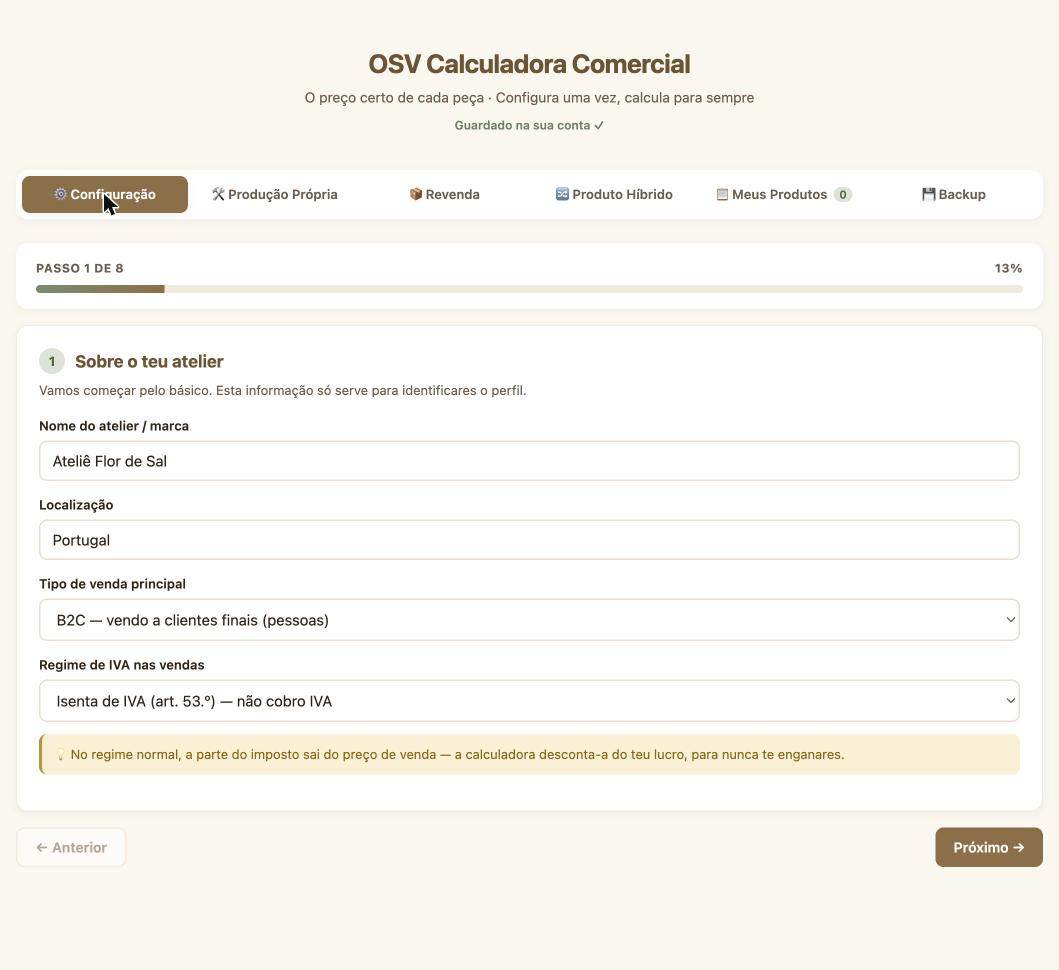 Tela de configuração da Calculadora OSV: dados do ateliê em 8 passos