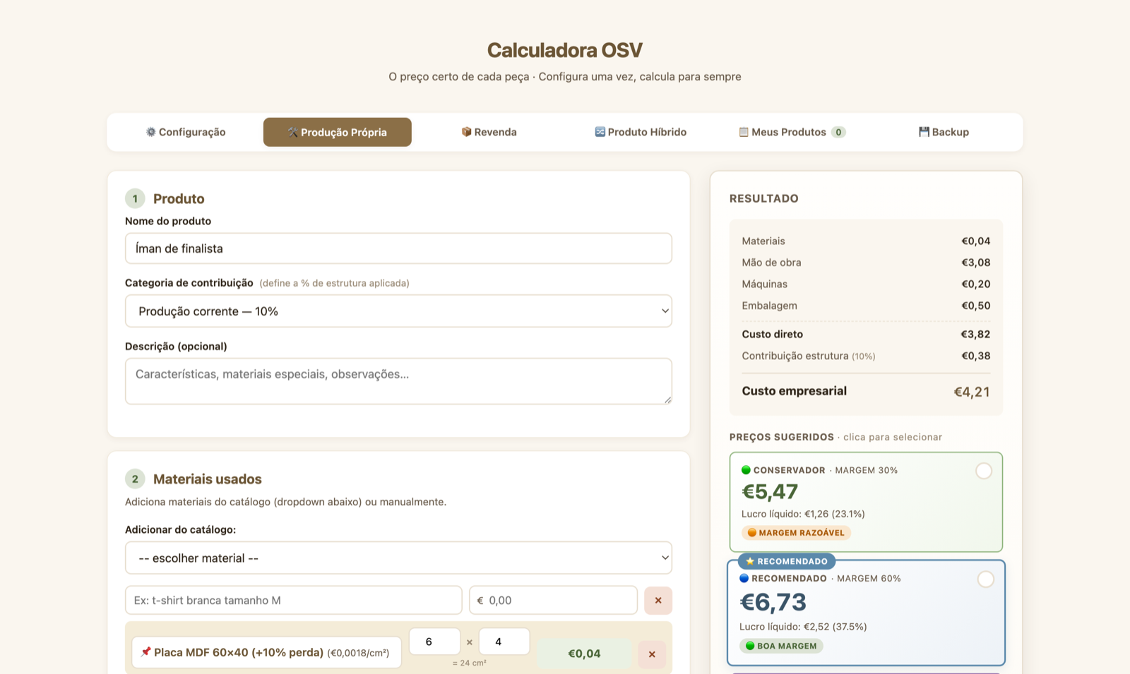 Calculadora OSV — o custo real e os preços sugeridos de um íman personalizado