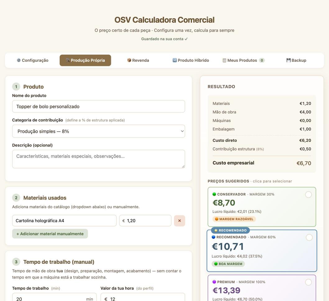 Tela da Calculadora OSV: produto preenchido e os três preços sugeridos