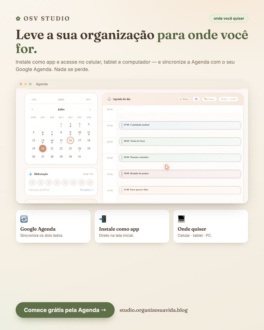 OSV Studio instalado como aplicação no telemóvel, tablet e computador, com sincronização com o Google Agenda.