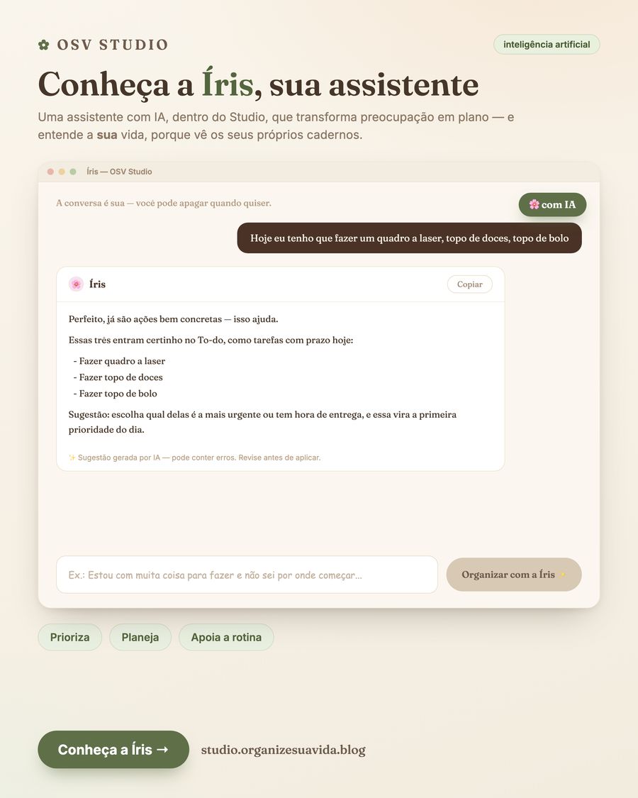 Conversa com a Íris dentro do OSV Studio: a utilizadora escreve as tarefas do dia e a assistente devolve-as organizadas em tarefas com prazo e uma sugestão de prioridade.