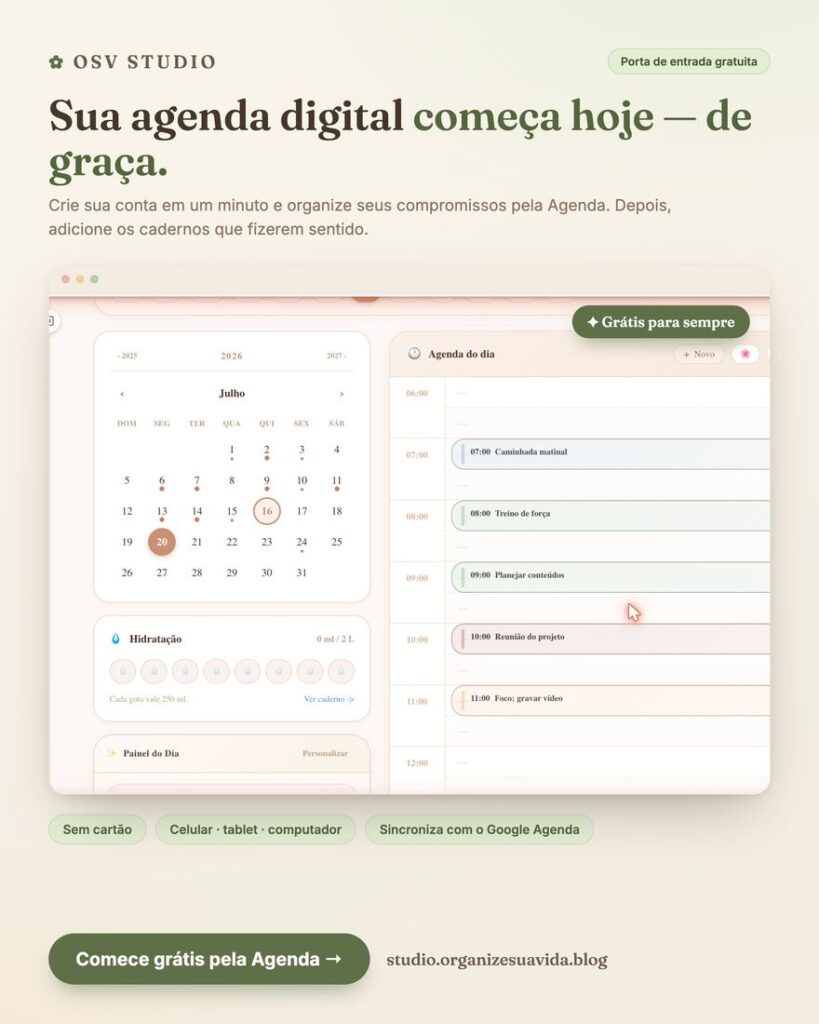Agenda do OSV Studio: calendário mensal e agenda do dia com blocos de horário.