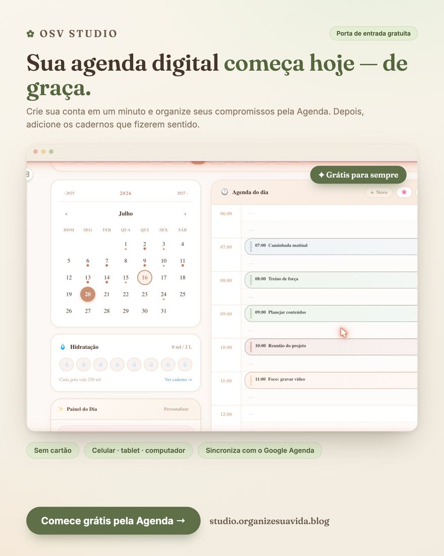 Agenda do OSV Studio: calendário mensal e agenda do dia com blocos de horário.